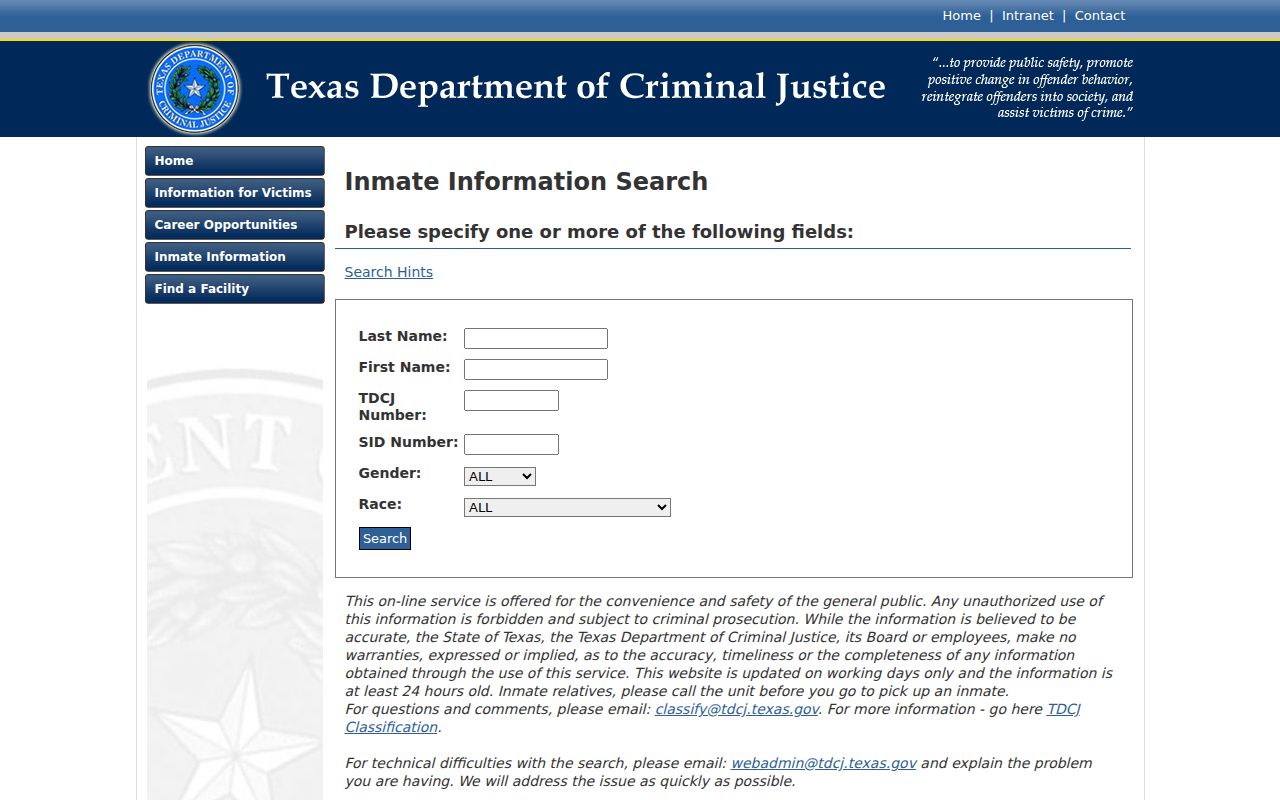 TDCJ state custody search after an Ochiltree County arrest