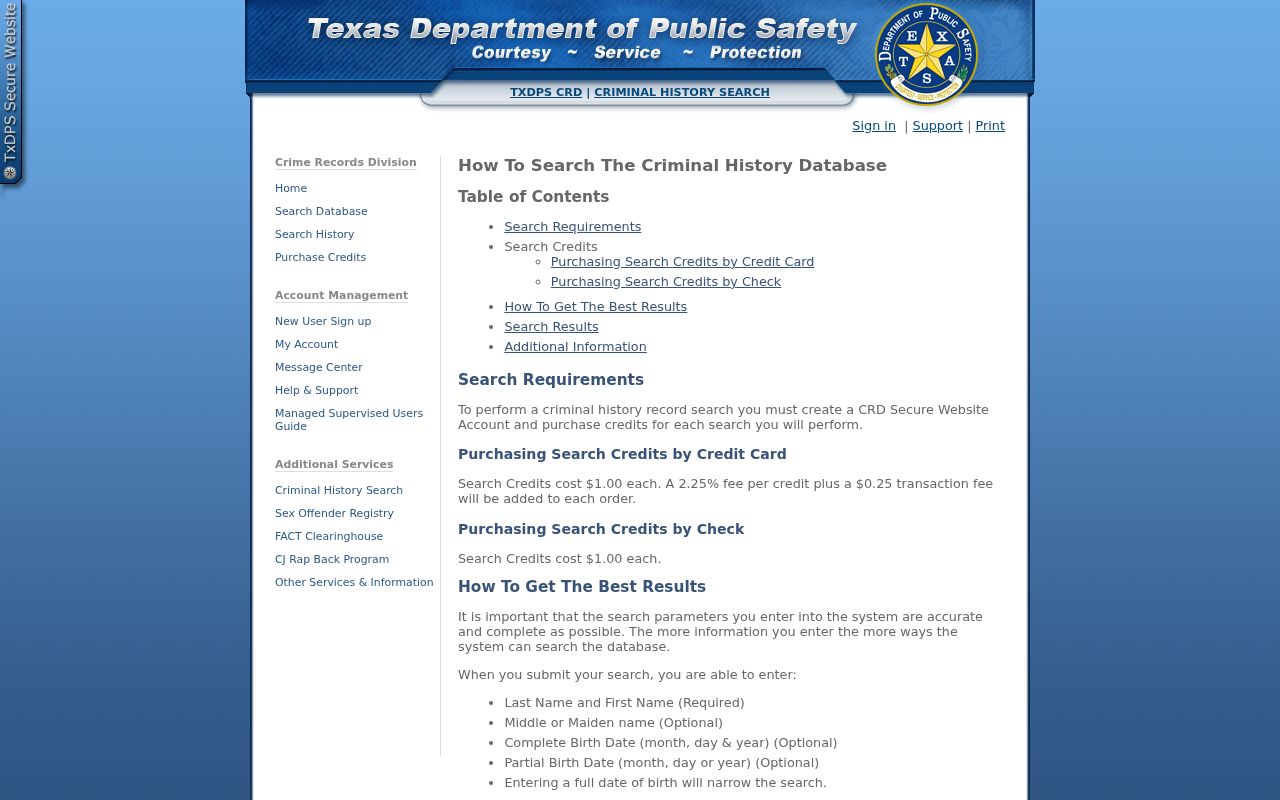 Ochiltree County criminal history DPS search field instructions